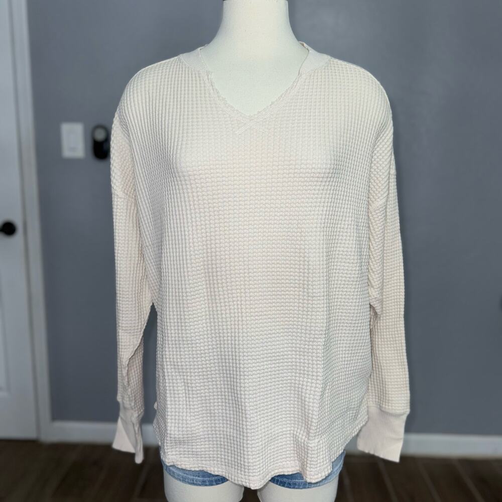 OFFLINE By Aerie Wow! Waffle Notch Neck Long Sleeve T-Shirt, Cake Batter, S